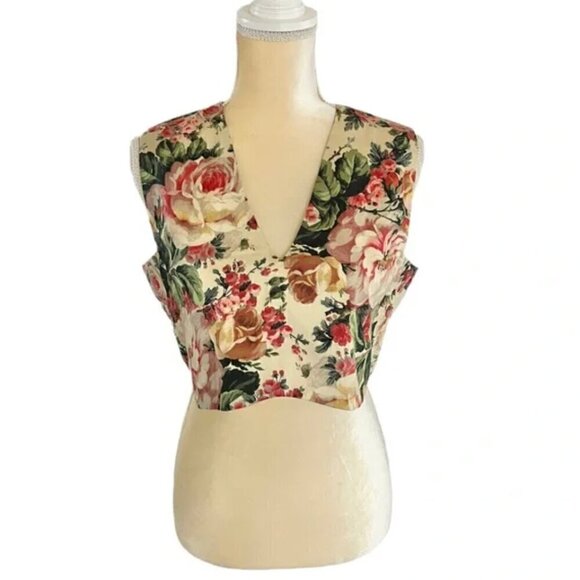 Zara Floral Crop Tank Top S V-Neck Vintage Rose Print Zip Back Summer Flower - Picture 2 of 10
